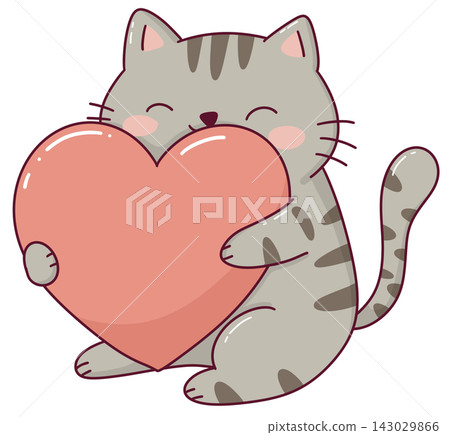 Cute grey tabby cat hugging a big heart, kawaii valentine cat illustration Cute grey tabby cat hugging a big heart, kawaii valentine cat illustration 143029866