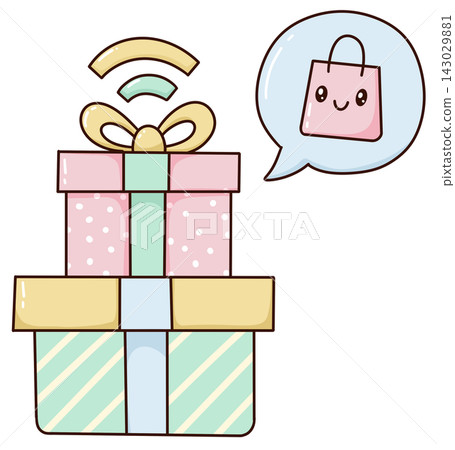 Cute stacked gift boxes with a shopping bag speech bubble, gift and shopping illustration Cute stacked gift boxes with a shopping bag speech bubble, gift and shopping illustration 143029881