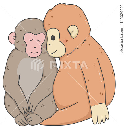 Two cute monkeys sitting together, adorable wildlife friendship illustration Two cute monkeys sitting together, adorable wildlife friendship illustration 143029903