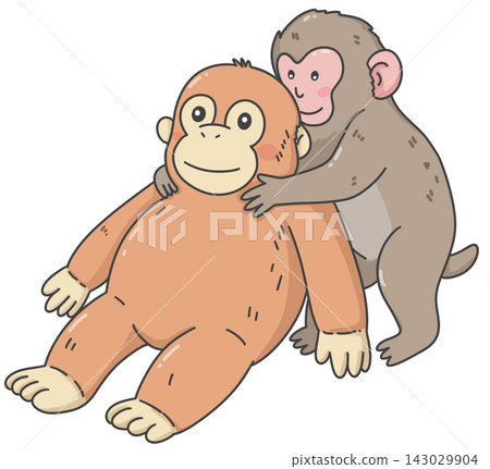 Two cute monkeys hugging, adorable wildlife friendship illustration Two cute monkeys hugging, adorable wildlife friendship illustration 143029904