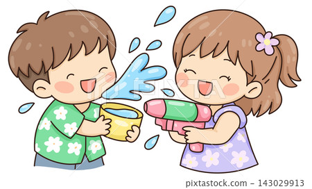 Children playing with water guns and bowl, Songkran festival celebration illustration 143029913