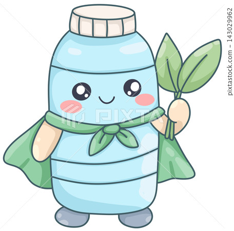 Cute water bottle superhero character with cape holding plant seedling, eco-friendly illustration Cute water bottle superhero character with cape holding plant seedling, eco-friendly illustration 143029962