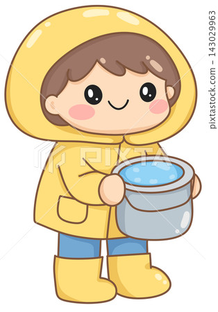 Boy in yellow raincoat carrying bucket of water, cute cartoon character illustration Boy in yellow raincoat carrying bucket of water, cute cartoon character illustration 143029963