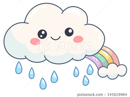 Cute smiling cloud with raindrops and rainbow, weather illustration Cute smiling cloud with raindrops and rainbow, weather illustration 143029964