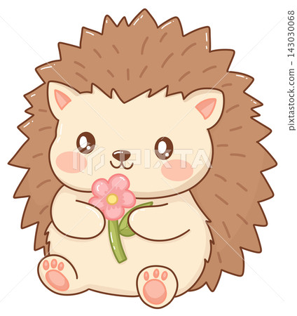 Cute baby hedgehog holding pink flower, adorable spiky animal illustration 143030068