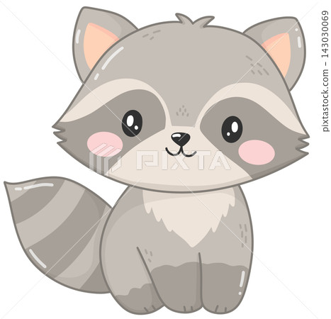 Cute baby raccoon sitting cartoon character, adorable woodland animal illustration 143030069
