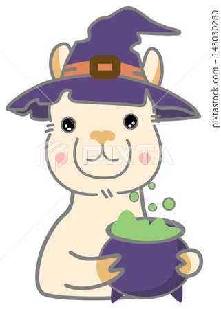 Cute Halloween Witch Alpaca Holding Potion Cauldron Cute Halloween Witch Alpaca Holding Potion Cauldron 143030280