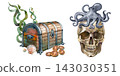 Watercolor pirate set treasure chest with seaweed coins shell and octopus on a skull 143030351