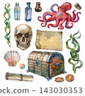 Watercolor sea adventure set with octopus skull treasure chest shell and scrolls 143030353