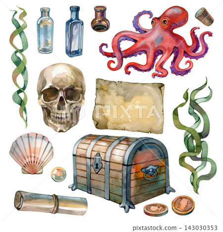 Watercolor sea adventure set with octopus skull treasure chest shell and scrolls Watercolor sea adventure set with octopus skull treasure chest shell and scrolls 143030353