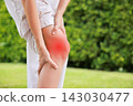Close up of person bending and holding bare knee with red highlighted area indicating severe joint pain, arthritis, muscle ache or sports injury. Healthcare, medical, and physical therapy concept. 143030477