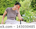 Unhappy Asian woman sitting on chair touching her head with red highlighted area indicating severe headache, migraine or brain pain. Concept of stress, sickness, healthcare, tension and mental health. 143030485