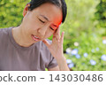 Unhappy Asian woman sitting on chair touching her head with red highlighted area indicating severe headache, migraine or brain pain. Concept of stress, sickness, healthcare, tension and mental health. 143030486