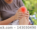 Close up of person sitting holding bare knee with red highlighted area indicating severe joint pain, arthritis, muscle ache or sports injury. Healthcare, physical therapy, medical orthopedic concept. 143030490