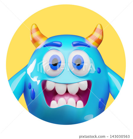3D blue monster avatar in round frame, vector cartoon cute friendly Halloween monster with horns happy expression 3D blue monster avatar in round frame, vector cartoon cute friendly Halloween monster with horns happy expression 143030563