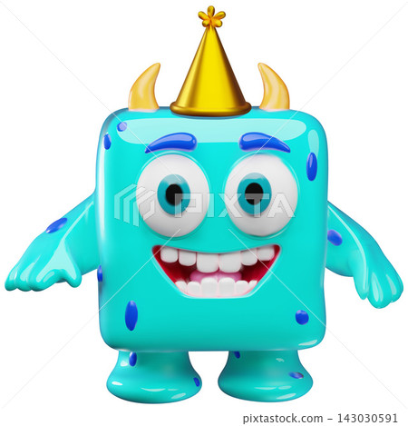 Glossy blue cartoon monster character with party hat Glossy blue cartoon monster character with party hat 143030591