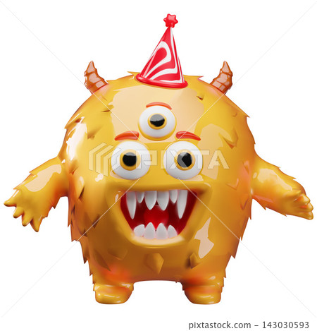 3D orange furry monster with festive cone hat, vector cartoon cute happy Halloween monster with horns and three eyes 3D orange furry monster with festive cone hat, vector cartoon cute happy Halloween monster with horns and three eyes 143030593