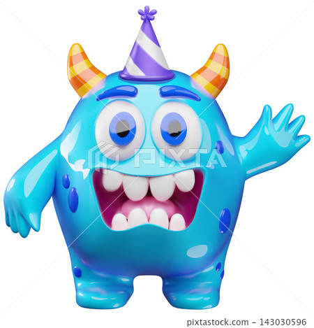3D blue monster with festive cone hat, vector cartoon cute happy greeting Halloween monster with horns and open mouth 3D blue monster with festive cone hat, vector cartoon cute happy greeting Halloween monster with horns and open mouth 143030596