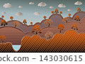 Stylized Autumn Mountain Landscape with Bonsai Trees and Waterfall 143030615