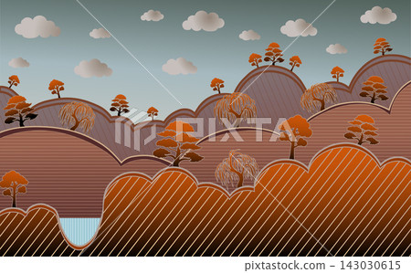 Stylized Autumn Mountain Landscape with Bonsai Trees and Waterfall Stylized Autumn Mountain Landscape with Bonsai Trees and Waterfall 143030615