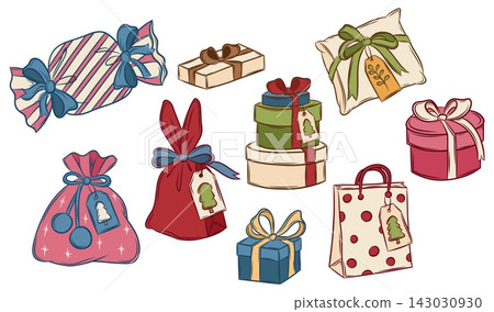 Vector set of Christmas gifts, bags and wrapped presents Vector set of Christmas gifts, bags and wrapped presents 143030930