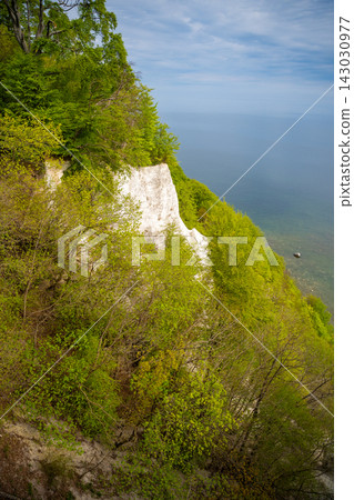 View of famous white chalk cliffs and Baltic Sea from suspension bridge in Jasmund National Park on Ruegen island, Germany View of famous white chalk cliffs and Baltic Sea from suspension bridge in Jasmund National Park on Ruegen island, Germany 143030977