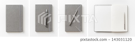 Top view set of grey fabric notebook with pen closed and open isolated on white background with copy space Top view set of grey fabric notebook with pen closed and open isolated on white background with copy space 143031120
