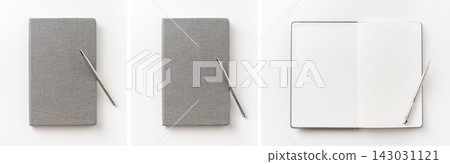Top view set of grey fabric notebook with pen closed and open isolated on white background with copy space Top view set of grey fabric notebook with pen closed and open isolated on white background with copy space 143031121