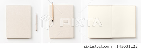 Top view set of beige fabric notebook with pen closed and open isolated on white background with copy space Top view set of beige fabric notebook with pen closed and open isolated on white background with copy space 143031122