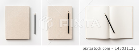 Top view set of beige fabric notebook with pen closed and open isolated on white background with copy space Top view set of beige fabric notebook with pen closed and open isolated on white background with copy space 143031123