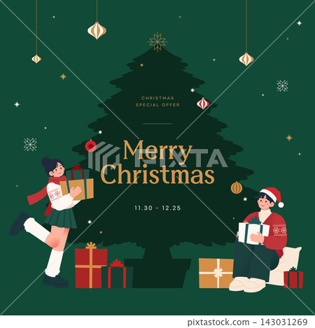 Merry Christmas banner template with big tree, couple holding gifts and holiday offer Merry Christmas banner template with big tree, couple holding gifts and holiday offer 143031269