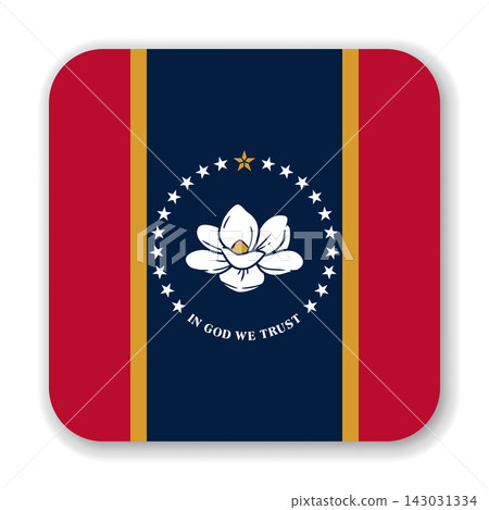Mississippi state rounded square flag. Part of The United States of America. Clean design for print, web, or educational use. Vector illustration with dropped shadow on white background. Mississippi state rounded square flag. Part of The United States of America. Clean design for print, web, or educational use. Vector illustration with dropped shadow on white background. 143031334