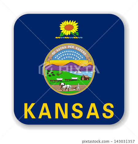 Kansas state rounded square flag. Part of The United States of America. Clean design for print, web, or educational use. Vector illustration with dropped shadow on white background. Kansas state rounded square flag. Part of The United States of America. Clean design for print, web, or educational use. Vector illustration with dropped shadow on white background. 143031357