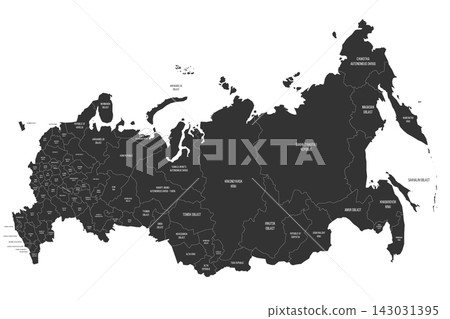 Russia political map of administrative divisions - oblasts, republics, autonomous okrugs, krais, autonomous oblast and 2 federal cities of Moscow and Saint Petersburg. Flat dark grey map on white Russia political map of administrative divisions - oblasts, republics, autonomous okrugs, krais, autonomous oblast and 2 federal cities of Moscow and Saint Petersburg. Flat dark grey map on white 143031395