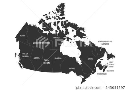 Canada political map of administrative divisions - provinces and territories. Flat dark grey map on white background with province name labels Canada political map of administrative divisions - provinces and territories. Flat dark grey map on white background with province name labels 143031397