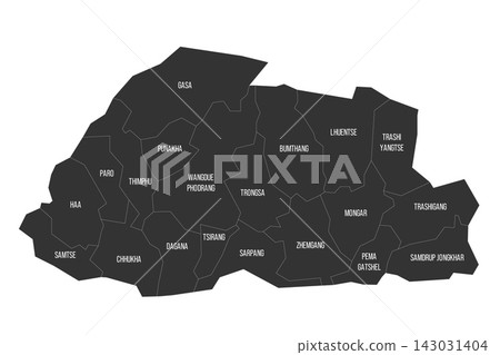 Bhutan political map of administrative divisions - districts. Flat dark grey map on white background with province name labels Bhutan political map of administrative divisions - districts. Flat dark grey map on white background with province name labels 143031404