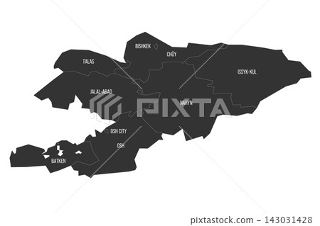 Kyrgyzstan political map of administrative divisions - regions and independent cities. Flat dark grey map on white background with province name labels Kyrgyzstan political map of administrative divisions - regions and independent cities. Flat dark grey map on white background with province name labels 143031428