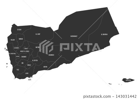 Yemen political map of administrative divisions - governorates and municipality of Sanaa. Flat dark grey map on white background with province name labels Yemen political map of administrative divisions - governorates and municipality of Sanaa. Flat dark grey map on white background with province name labels 143031442