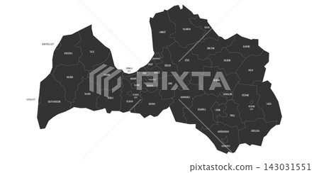 Latvia political map of administrative divisions - municipalities and cities. Flat dark grey map on white background with province name labels Latvia political map of administrative divisions - municipalities and cities. Flat dark grey map on white background with province name labels 143031551