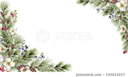 Watercolor Christmas border with pine branches, red berries and gentle flowers isolated. Botanical corner frame with copy space for text. Festive greenery design for holiday card. Seasonal invitation. Watercolor Christmas border with pine branches, red berries and gentle flowers isolated. Botanical corner frame with copy space for text. Festive greenery design for holiday card. Seasonal invitation. 143031657