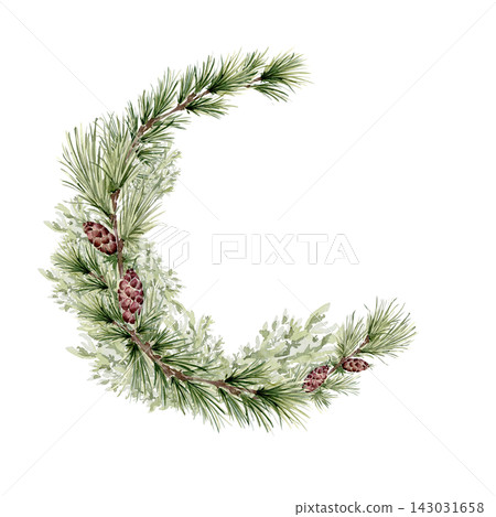 Watercolor pine branch with cones a festive wreath isolated. Winter greenery surrounds white copy space. Seasonal botanical frame for New Year or Christmas design. Fir limb hand drawn in semi circle. Watercolor pine branch with cones a festive wreath isolated. Winter greenery surrounds white copy space. Seasonal botanical frame for New Year or Christmas design. Fir limb hand drawn in semi circle. 143031658