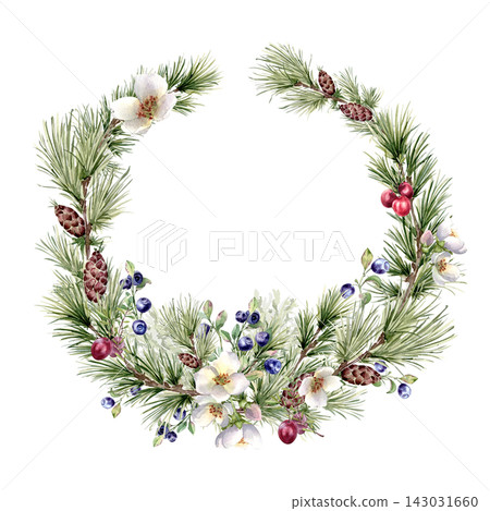 Watercolor winter frame with pine branches, flowers, berries and cones around a blank center isolated. Seasonal border for wedding invitation design. Christmas greenery wreath for nature label. Watercolor winter frame with pine branches, flowers, berries and cones around a blank center isolated. Seasonal border for wedding invitation design. Christmas greenery wreath for nature label. 143031660