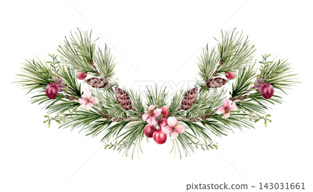 Christmas greenery garland with red berry watercolor art isolated. Cedar branches, pinecones and pink flowers hand drawn. Holiday botanical design forest plants for greeting card or seasonal package. 143031661