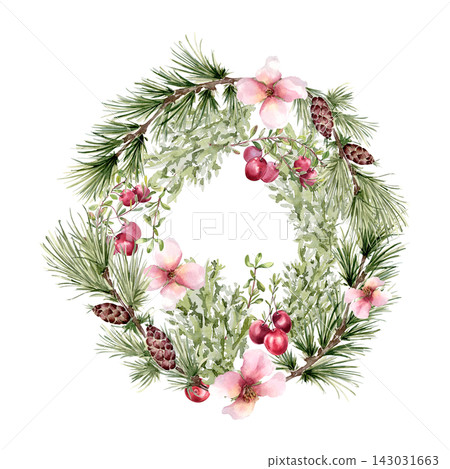 Watercolor Christmas wreath with pine branches and cones, pink flowers and red berries isolated. Botanical winter frame of coniferous and blooms hand painted. Festive design for cards and invitation. Watercolor Christmas wreath with pine branches and cones, pink flowers and red berries isolated. Botanical winter frame of coniferous and blooms hand painted. Festive design for cards and invitation. 143031663