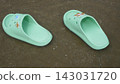 Light Green Rubber Sandals on Wet Sand Beach Shore 143031720