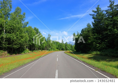 A single road leading to the smoke-emitting Tokachi-dake mountain, and a breathtaking view against a clear blue sky. A single road leading to the smoke-emitting Tokachi-dake mountain, and a breathtaking view against a clear blue sky. 143032481