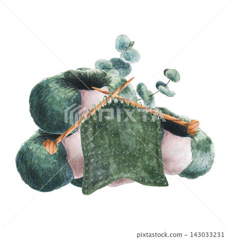 Green knitted fabric on wooden needles with yarn balls and eucalyptus branches hand drawn watercolor art. Cozy element for warm clothing brands, handmade artisan shops, and eco wrap for blog covers. Green knitted fabric on wooden needles with yarn balls and eucalyptus branches hand drawn watercolor art. Cozy element for warm clothing brands, handmade artisan shops, and eco wrap for blog covers. 143033231