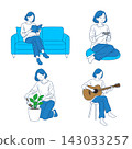 A set of illustrations depicting women enjoying their hobbies: reading, gaming, gardening, and playing the guitar. 143033257