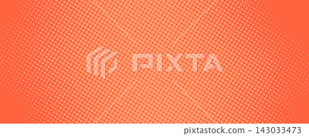 Abstract halftone texture with dotted pattern. Orange gradient overlay with noise transition effect. Horizontal wallpaper with point print, duotone dissolve perforated gradation. Vector illustration. 143033473