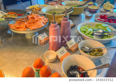 Buffet Spread With Various Foods at a Dining Area During a Morning Gathering Buffet Spread With Various Foods at a Dining Area During a Morning Gathering 143033552